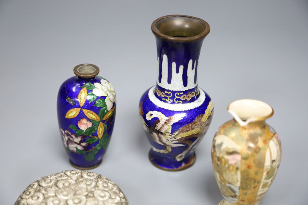 Two Japanese cloisonne enamel vases, a Satsuma vase and and antimony jar, Meiji items